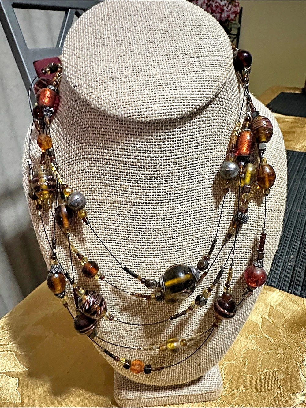 Multistrand Glass Beaded Statement Necklace Brown & Gold
